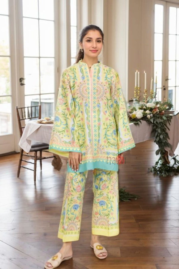 Yellow and Turquoise Floral Printed Co-Ord Set