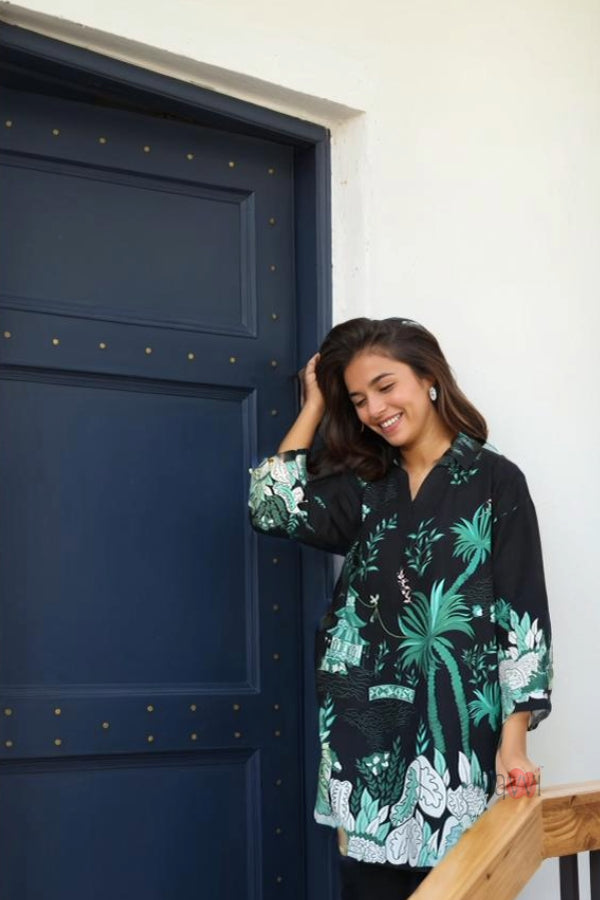 V Neck Black with Green Palm Leaves Co-Ord Set