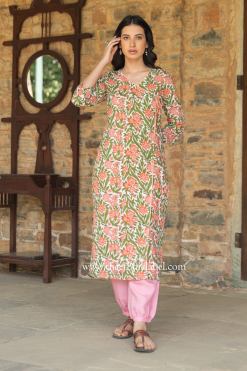 Alternative view of "Kopal" Hand Block Printed Angrakha Cotton kurta